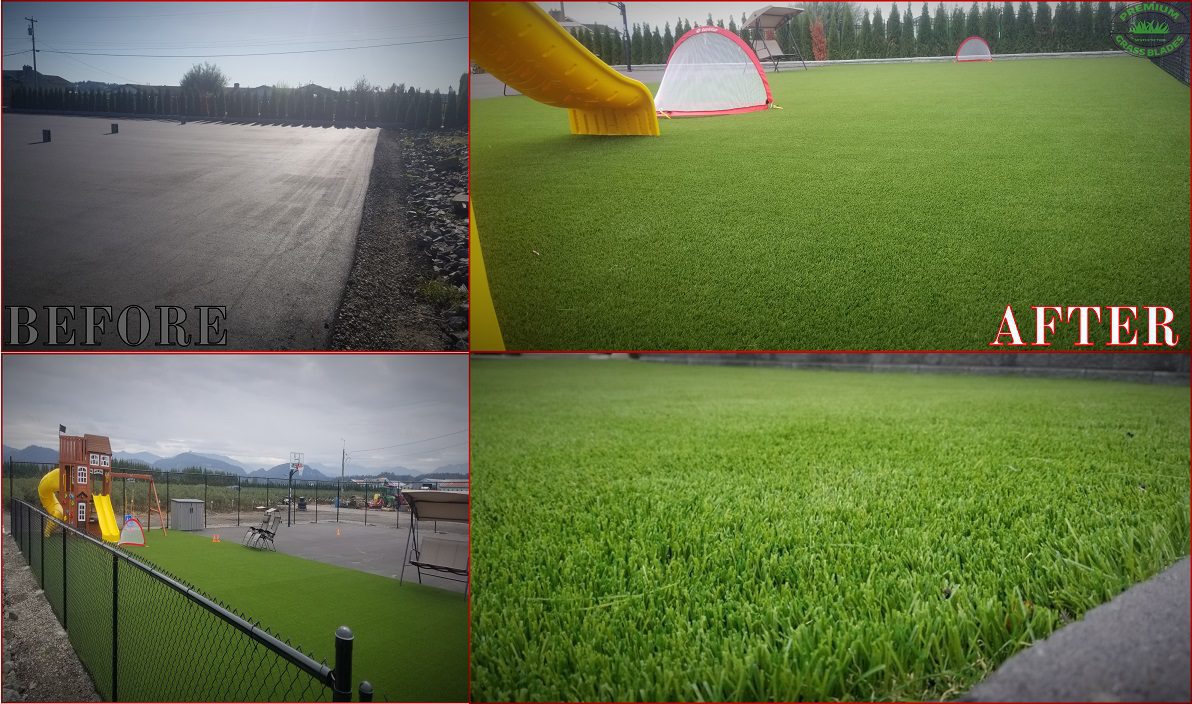 Premium-Grass-Blades-Synthetic-Artifical-Turf-EverGreen-Playground-Before-After-Results Before and after of artificial turf installed on a playground in Maple Ridge, BC