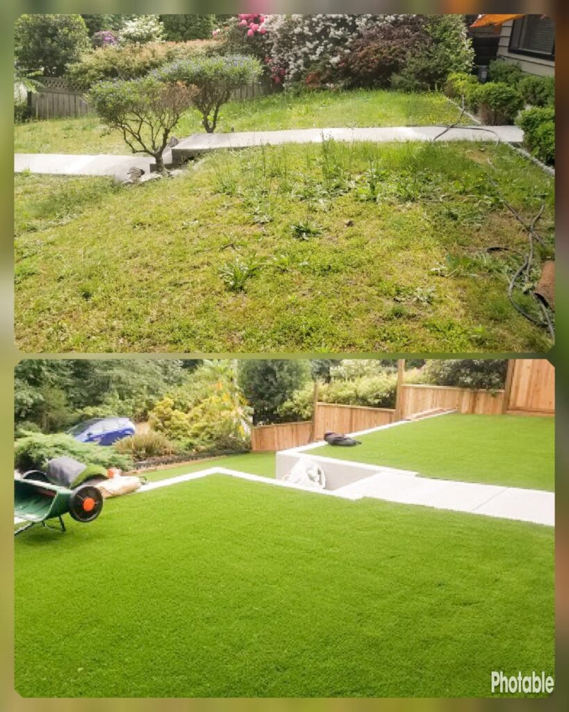 Premium-Grass-Blades-Synthetic-Artificial-Turf-Everglades-Before-After-City-of-North-Vancouver Before and after image showing an overgrown lawn replaced with lush artificial grass landscaping and a new wooden fence.