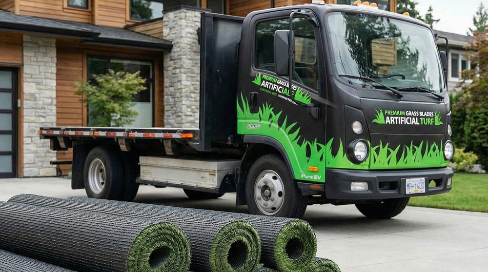 Premium Grass Blades delivery truck loaded with turf rolls — trade supply across BC.